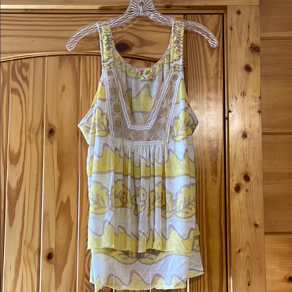 Free People Yellow and Cream Layered Tank Top Beautiful Stitching Detail L